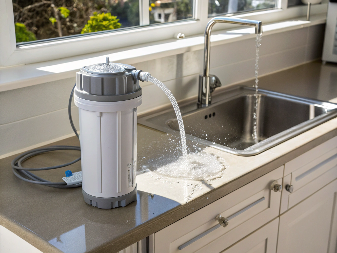 Benchtop gravity water filter setup for home drinking water purification