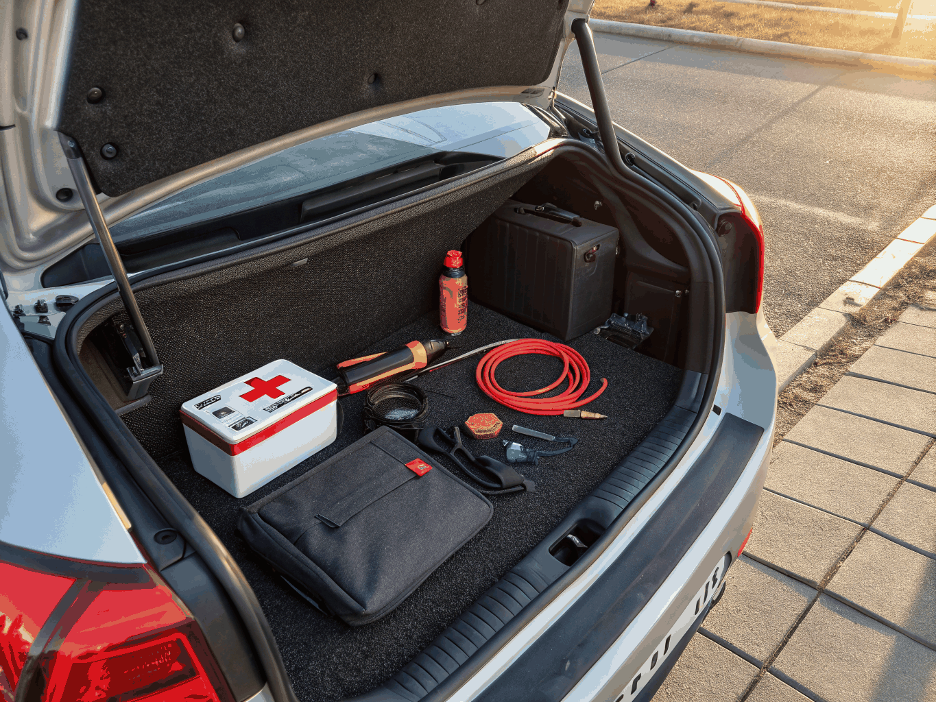 Well-organised car boot emergency bag with thermal gear and battery provisions