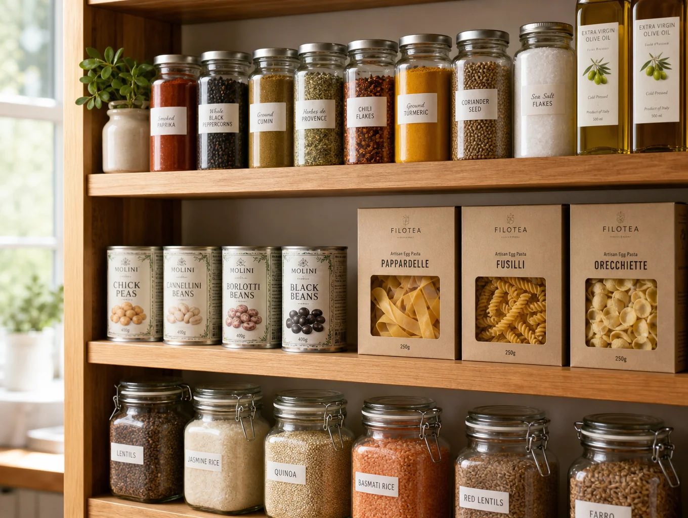 Wooden pantry shelf packed with sealed water vessels and emergency home kit provisions